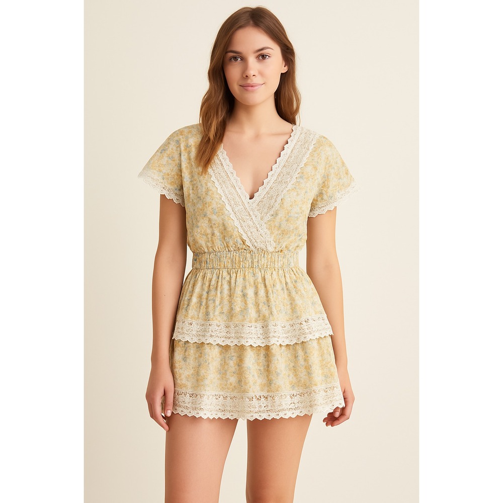 American Eagle L Linen Cotton Floral Lace Trim Mini Dress Yellow Eyelet Tiered